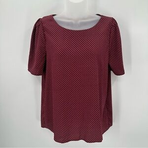 H&M Blouse Womens 10 Burgundy Leaf Print Short Puff Sleeve Top Career Office New